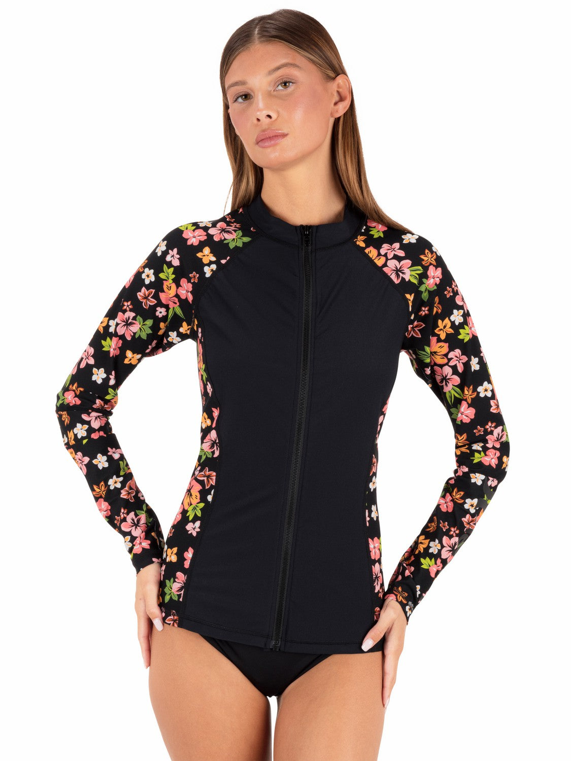 Hibiscus Dream Long Sleeve Front Zip Rashguard Black Floral - Hurley