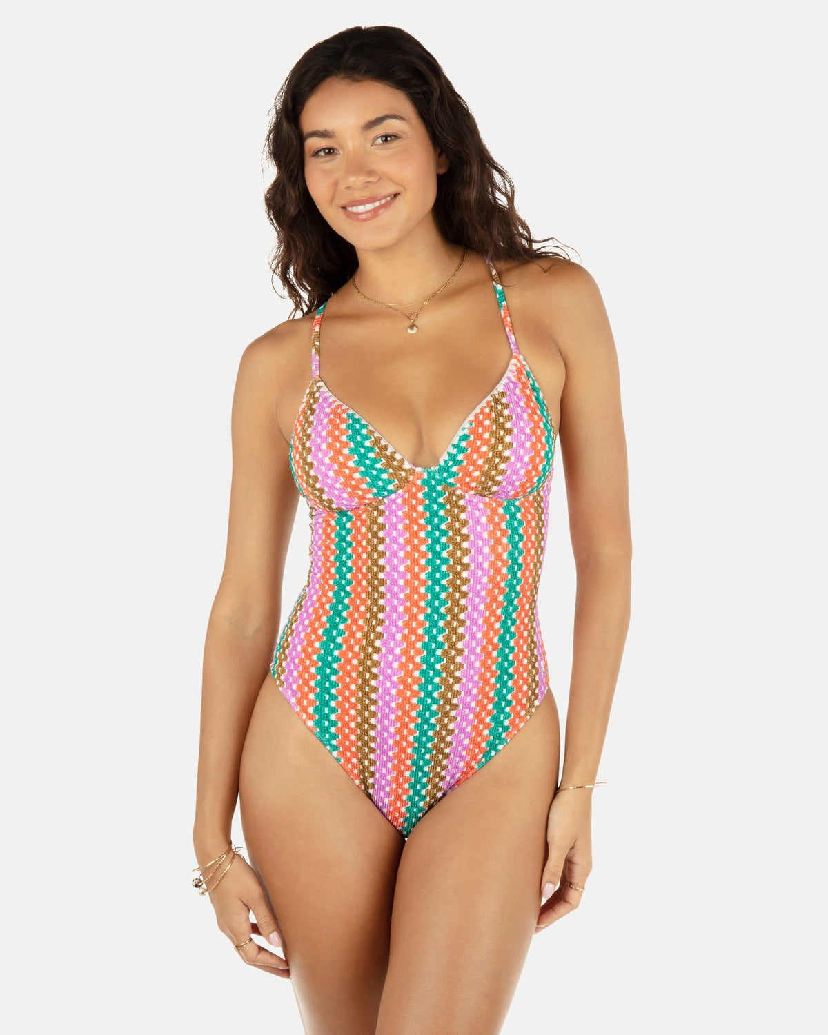 Printed Stripe Crochet Scrunch Soft Cup Moderate One Piece Orchid - Hurley